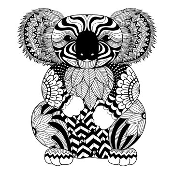 Drawing zentangle Koala for coloring page, shirt design effect, logo, tattoo and decoration.