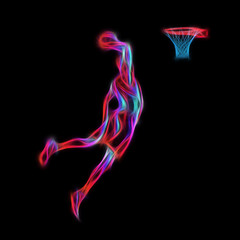 Obraz premium Basketball player Slam Dunk Neon Glow Silhouette