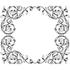 Vintage baroque frame scroll ornament engraving border floral retro pattern antique style acanthus foliage swirl decorative design element filigree calligraphy vector | damask