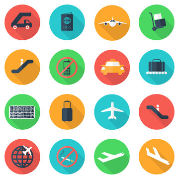 Vector flat airport icons set on color background. Airport and airlines services. Long shadow. Airport Icon Object, Airport Icon Picture, Airport Icon Image