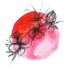 Flowers and feathers in boho style on watercolor background. 