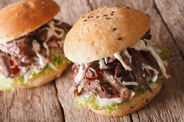 Pulled pork sandwich with cabbage and sauce close-up. horizontal
