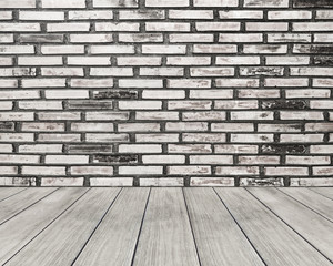 Old white brick wall and wood floor