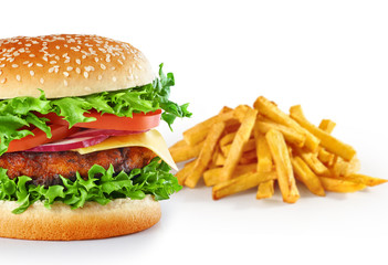 Hamburger with fries isolated on white background.