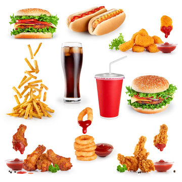 Fast food collection on white background.