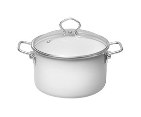 white saucepan with glass lid on white background