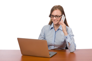 Office employee with laptop and phone isolated on white