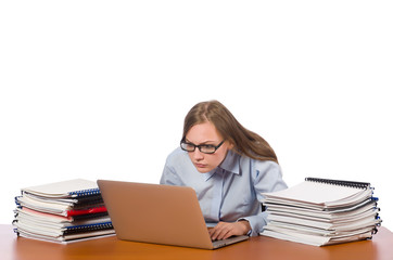 Office employee at job isolated on white