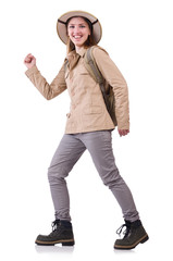 Woman wearing safari hat on white