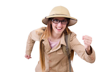 Woman wearing safari hat on white