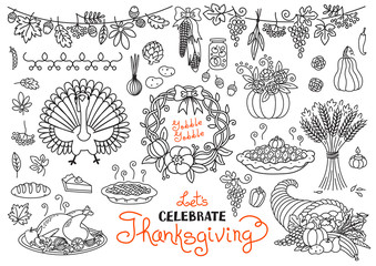 Let's celebrate Thanksgiving Day doodles set. Traditional symbols - thanksgiving turkey, pumpkin pie, corn, cornucopia, wheat. Freehand vector drawings collection isolated