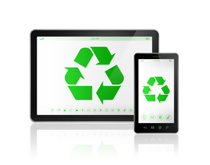 Digital tablet PC with a recycle symbol on screen. environmental