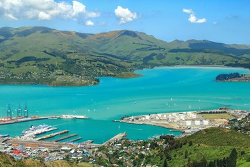 View of Lyttelton Harbour taken from the top of Port Hills where Christchurch gondola station is located. South Island, New Zealand attractions.