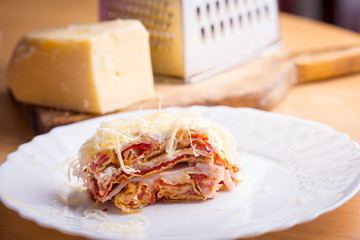 salty cake with cheese, pepper and ham