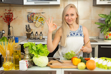 Woman showing sign okay at the kitchen table