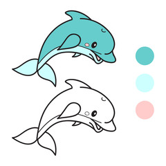 Dolphin. Coloring book page. Cartoon vector illustration. Game for children