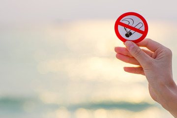 Female hand holding "No photo" sign on the beach on sea background