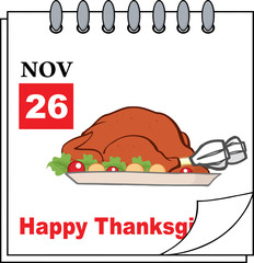 Cartoon Calendar Page With Roasted Turkey