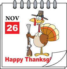 Cartoon Calendar Page Turkey With Pilgrim Hat and Musket