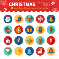 Circle flat Christmas and New Year icons set with Santa, deer, s - 94908991