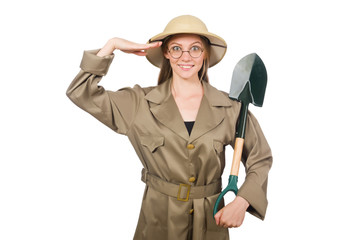 Woman wearing safari hat on white