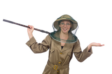 Woman wearing safari hat on white