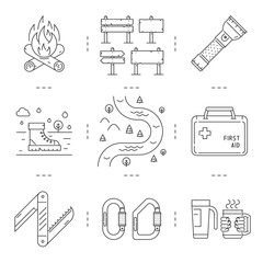 Line icons set of hiking, camping and tourism