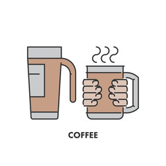 Line icons thermo mug and coffee in color