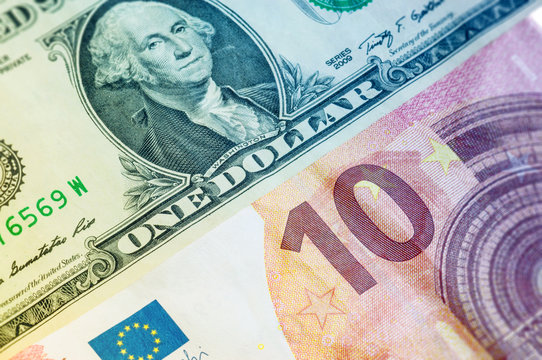 U.S. one dollar bill and ten euro