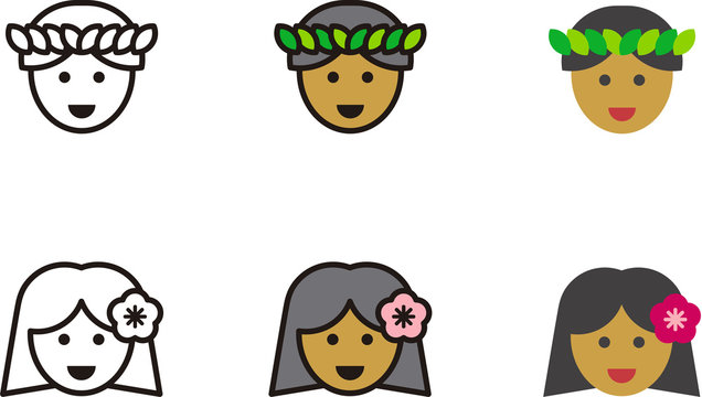 set of HAWAIIAN man and woman icons with traditional clothing