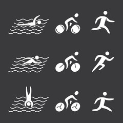 Silhouettes of figures triathlon athletes. Swimming, cycling and