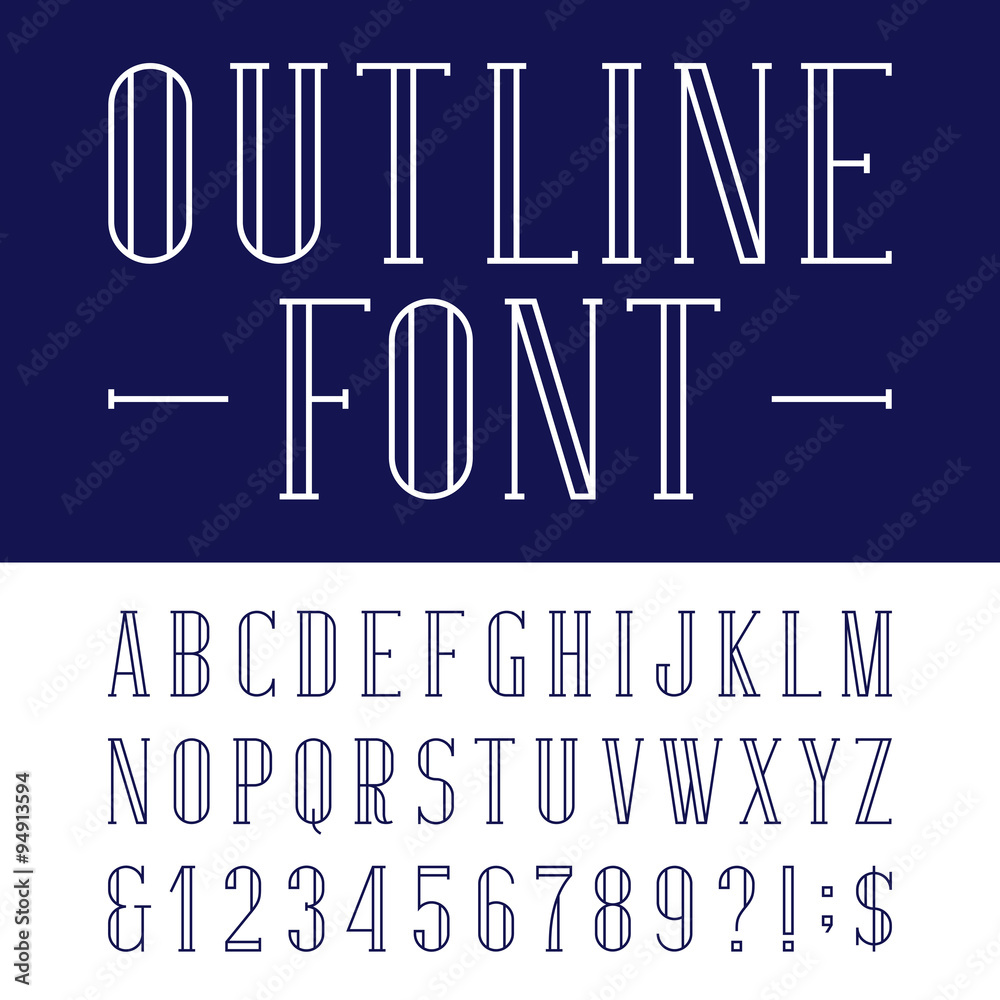 Fototapete decorative alphabet vector font in trendy outline style. serif type letters, numbers and symbols. st