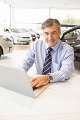 Fototapeta premium Smiling salesman behind his desk