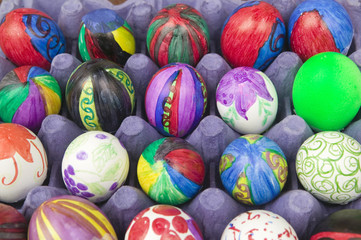 Fototapeta na wymiar Rainbow colored eggs at annual Old Spanish Days Fiesta held every August in Santa Barbara, California