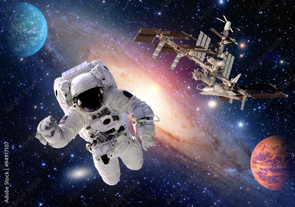 Poster astronaut spaceman suit people planet outer space shuttle station spaceship. elements of this image 