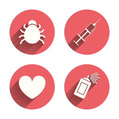 Bug and vaccine signs. Heart, spray can icons