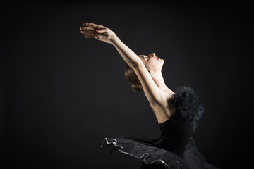 Beautiful expressive ballerina in the role of a black swan, wearing black tutu and pointe shoes on...