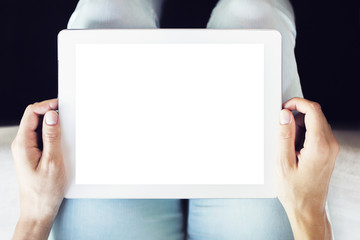 Girl with blank digital tablet, mock up