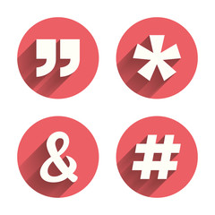 Quote, asterisk footnote icons. Hashtag symbol.