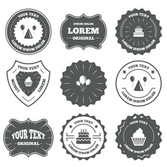 Birthday party. Cake, balloon, hat and muffin.