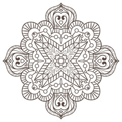 Ethnic Fractal Mandala Vector Meditation looks like Snowflake or Maya Aztec Pattern or Flower Isolated on White