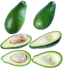 Avocado, isolate on a white background, whole, sliced, in a vari