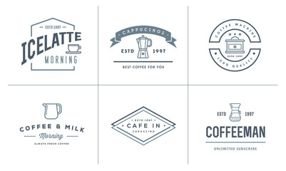 Set of Vector Coffee Logotype Templates and Coffee Accessories Illustration with Incorporated Icons with Fictitious Names