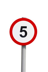 Five mph speed limit sign in UK, isolated on white.
