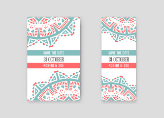 Set of Vector Design Awesome Wedding Invitation Template with Mandala or Doodles Theme. Ideal for Save The Date, Christmas Eve, Mothers Day, Valentines Day, Birthday cards, Invitations or Baby Shower