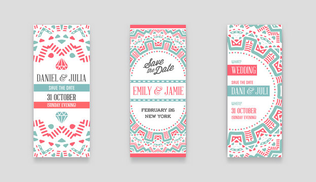 Set of Vector Design Awesome Wedding Invitation Template with Mandala or Doodles Theme. Ideal for Save The Date, Christmas Eve, Mothers Day, Valentines Day, Birthday cards, Invitations or Baby Shower