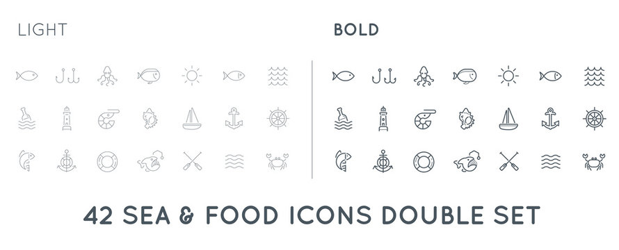 Set of Thin and Bold Vector Sea Food Elements and Sea Signs Illustration can be used as Logo or Icon in premium quality