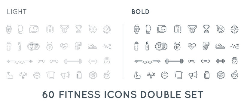 Set of Thin and Bold Vector Fitness Aerobics Gym Elements and Fitness Icons Illustration can be used as Logo or Icon in premium quality