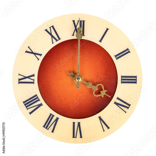 "Clock face with roman numerals on white showing four o'clock