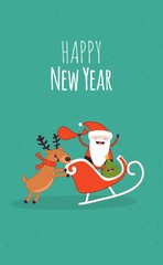 Happy New Year card. Santa Claus and Christmas deer. Vector illustration